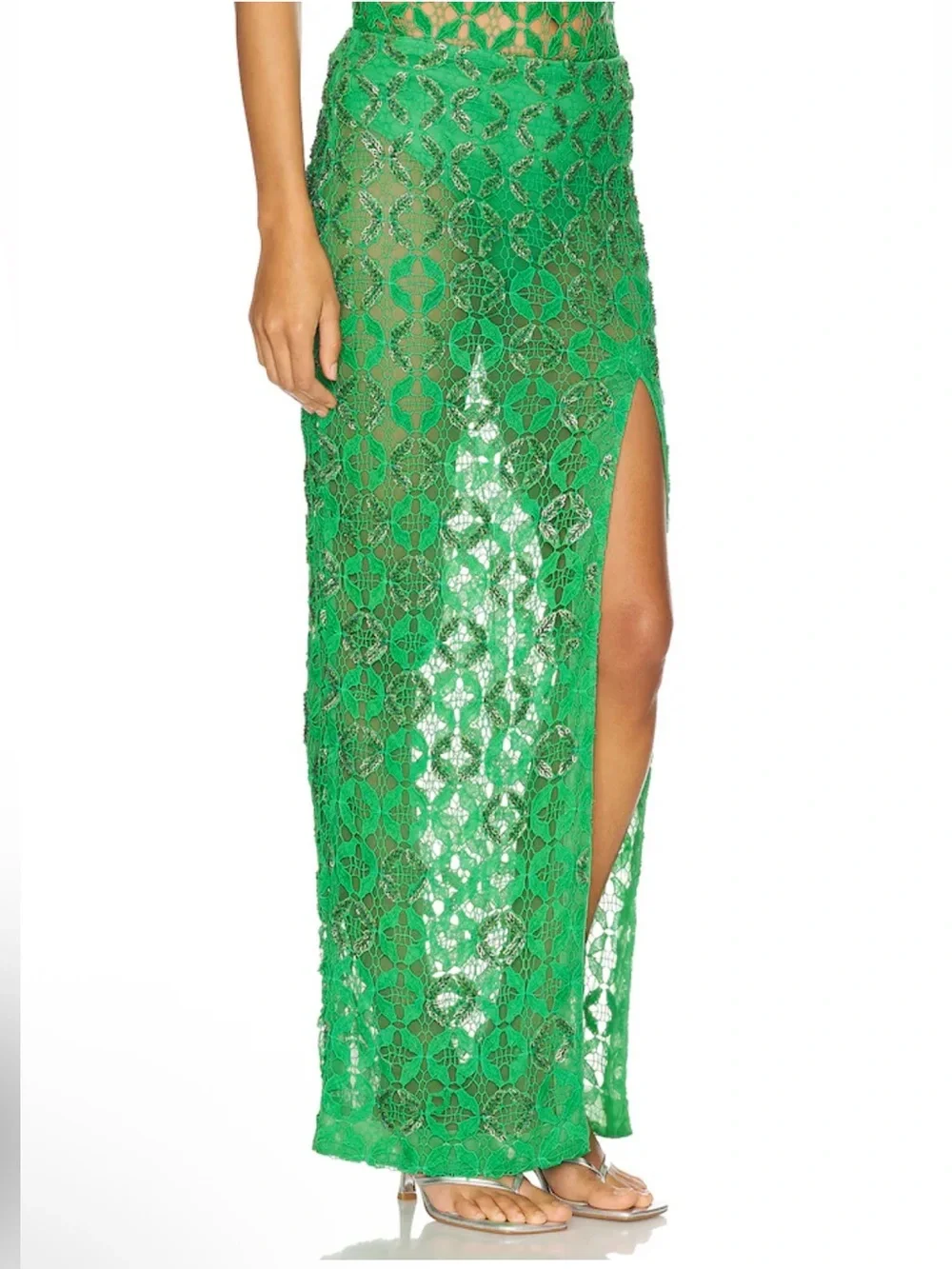 La Fuori Mossy Meadow Skirt Green Lace beaded Maxi Side Slit NWT Revolve S
